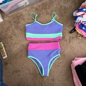 Beach Riot Kids Bikini in Purple, Green, and Pink 11/12